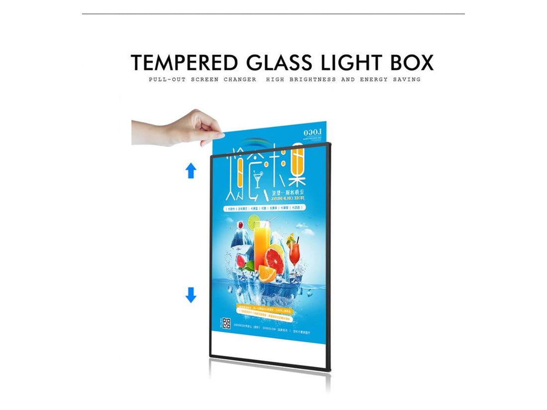 tempered glass light box dengan poster yang mudah diganti