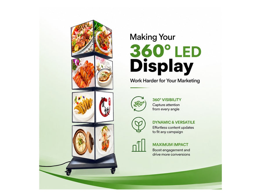rotary light box untuk area toko dan event yang dilihat dari banyak arah