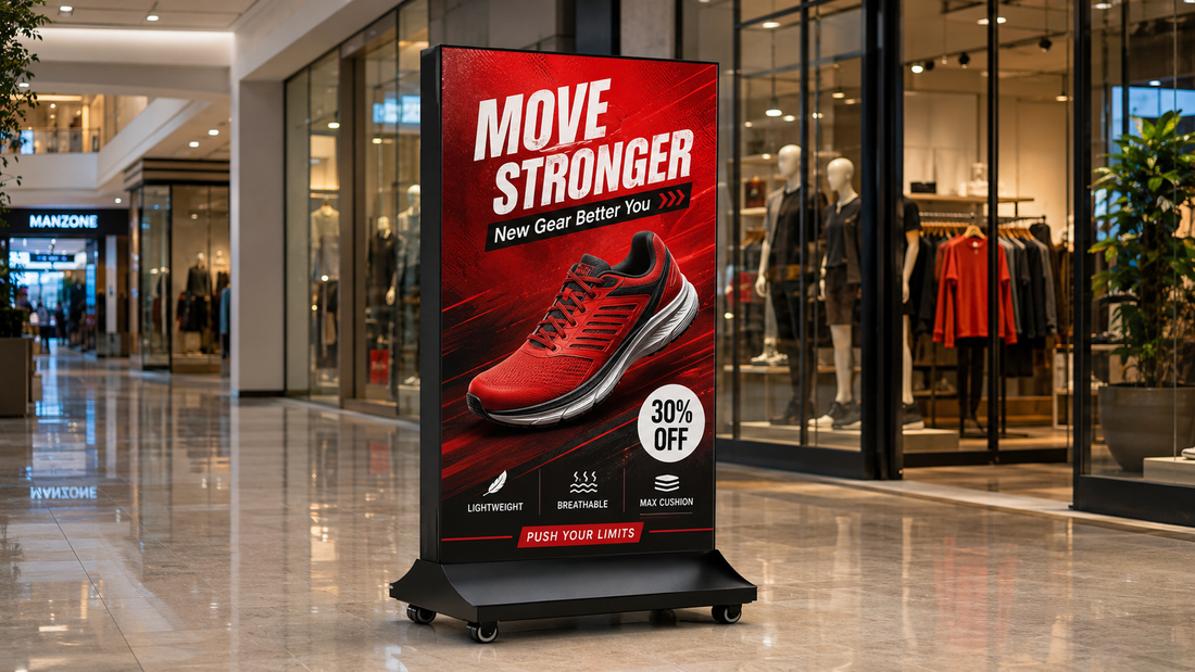 A-frame light box desain modern untuk promosi mall di koridor mall, untuk kebutuhan booth mall Indonesia - NEOX