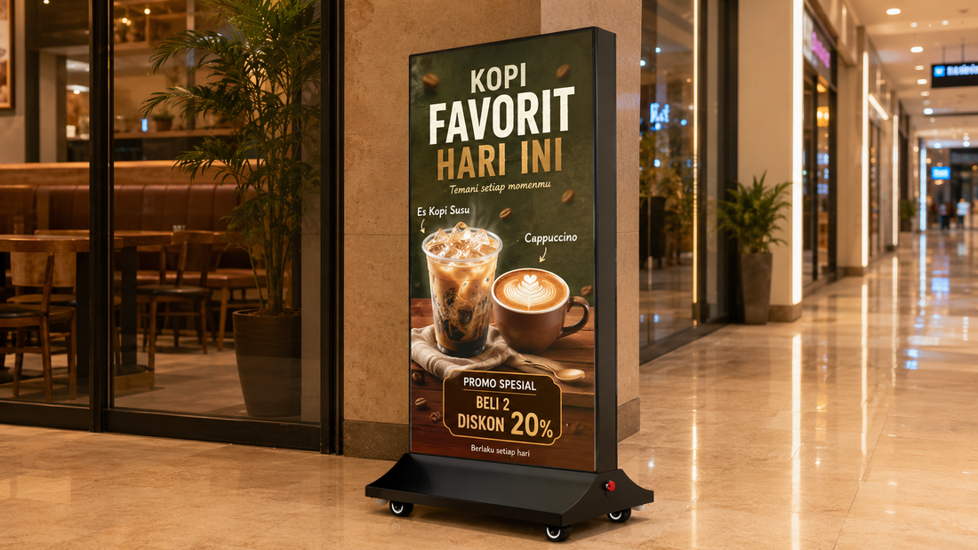 A-frame light box model indoor untuk depan toko di koridor mall, untuk kebutuhan booth mall Indonesia - NEOX