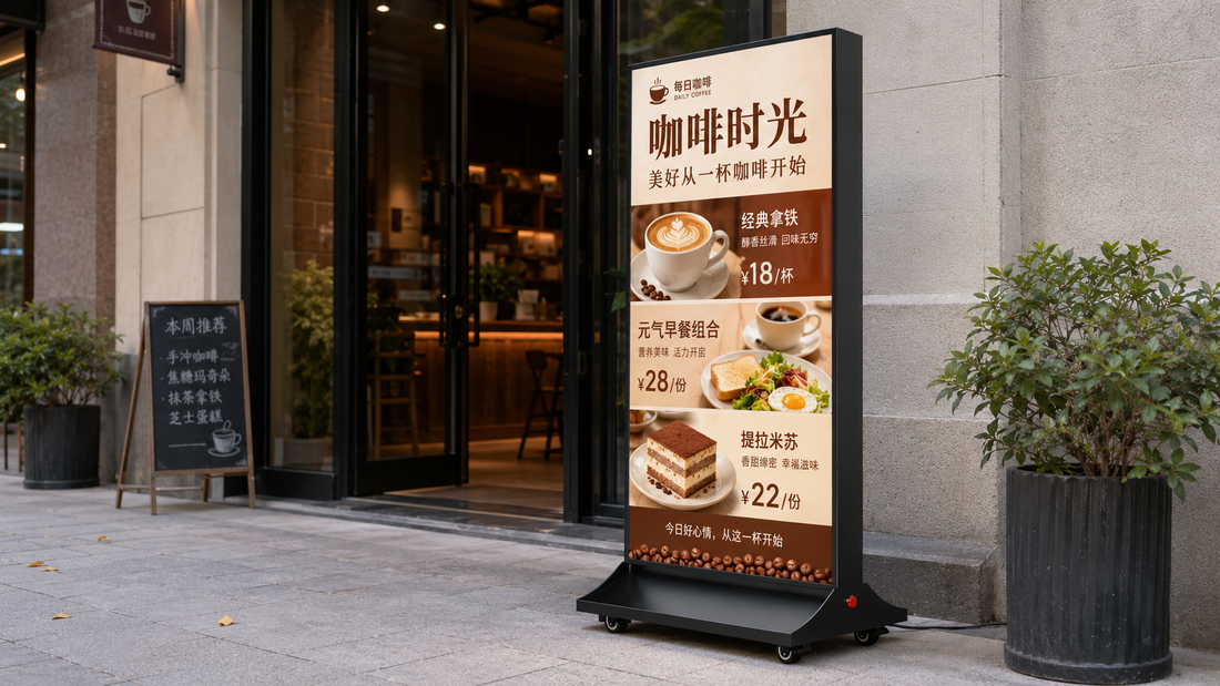 A-frame light box tampilan premium untuk display promo restoran di depan toko, untuk kebutuhan booth mall Indonesia - NEOX