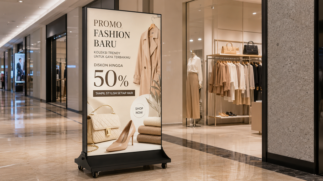 A-frame light box ukuran custom untuk depan toko di koridor mall, untuk kebutuhan toko retail Indonesia - NEOX