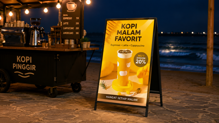 A-frame light box versi premium untuk depan toko di pasar malam, untuk kebutuhan booth mall Indonesia - NEOX
