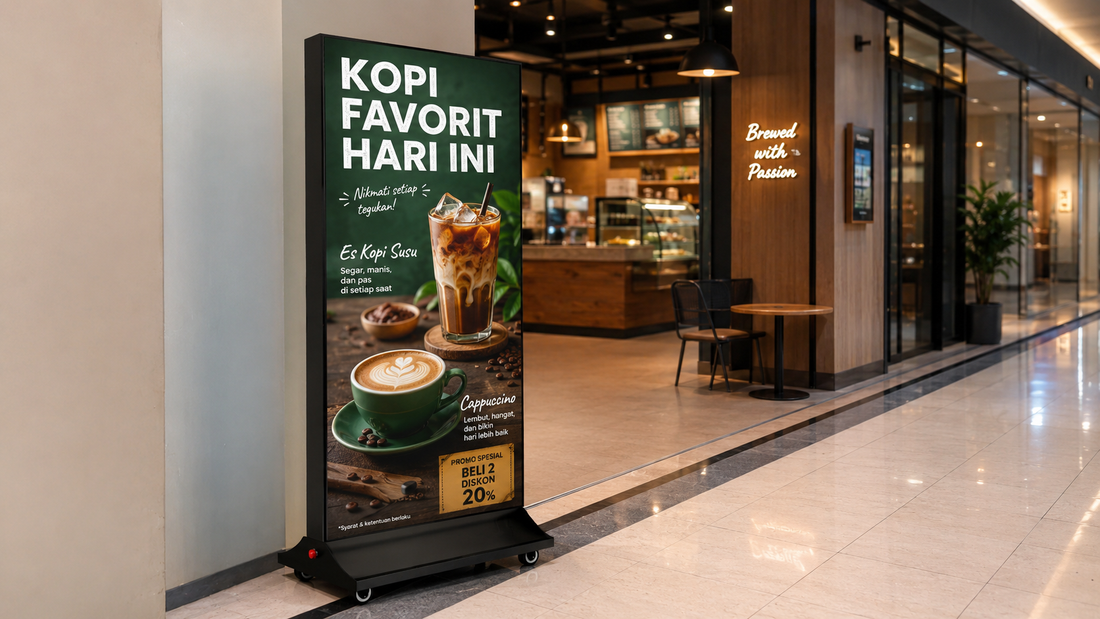 A-frame light box versi premium untuk display promo restoran di koridor mall, untuk kebutuhan toko retail Indonesia - NEOX