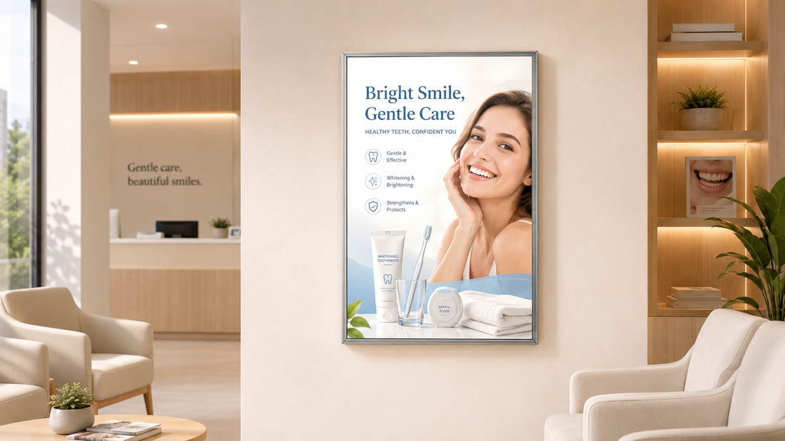 bingkai poster kaca custom untuk ruang tunggu di ruang tunggu klinik, untuk kebutuhan ruang tunggu Indonesia - NEOX