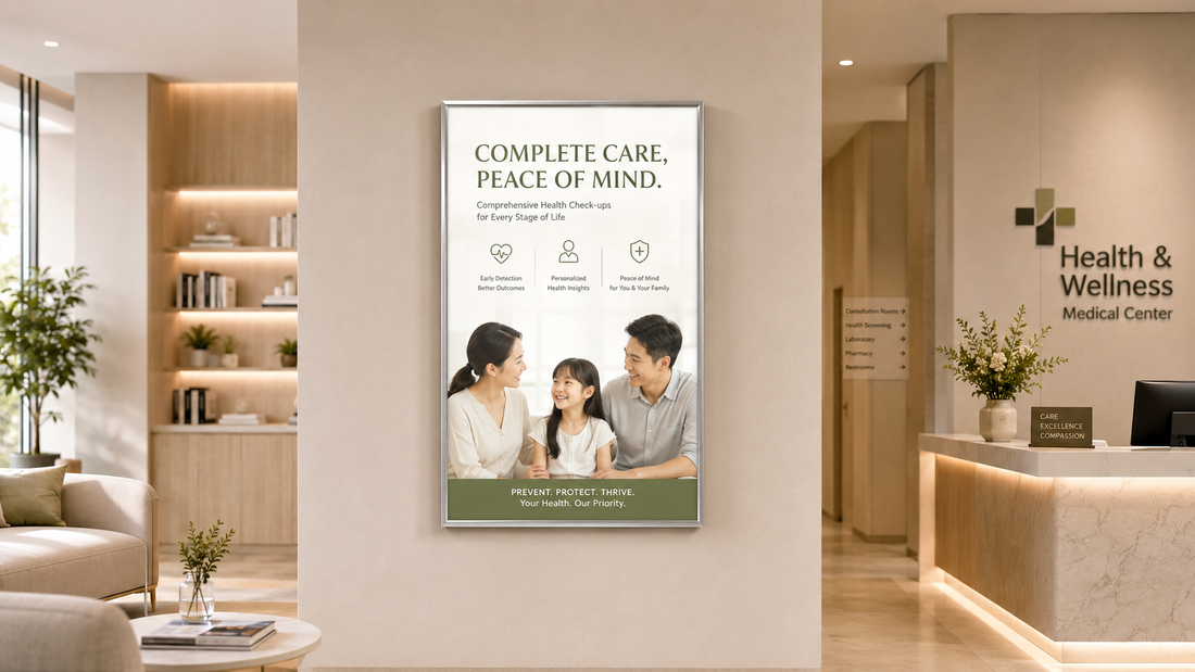 bingkai poster kaca ukuran custom untuk display layanan di ruang tunggu klinik, untuk kebutuhan ruang tunggu Indonesia - NEOX