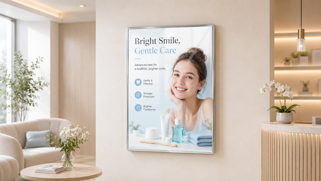 bingkai poster kaca ukuran custom untuk klinik di ruang tunggu klinik, untuk kebutuhan klinik kecantikan Indonesia - NEOX
