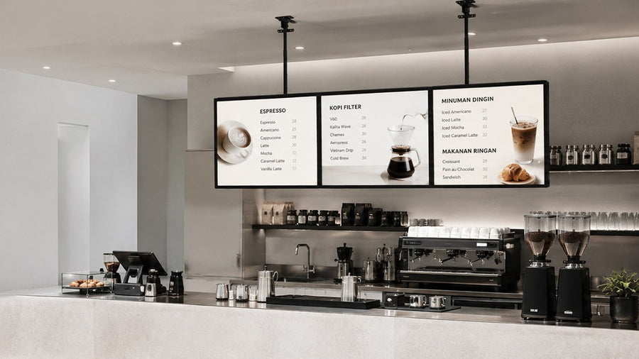 papan menu LED gantung untuk cafe counter