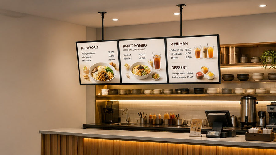 papan menu LED gantung untuk cafe counter
