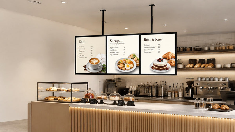 papan menu LED gantung untuk cafe counter
