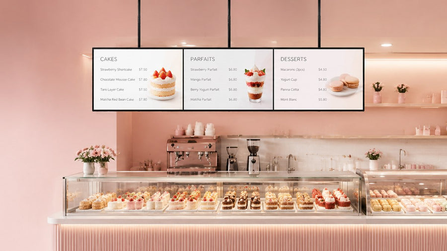 papan menu LED gantung untuk cafe counter