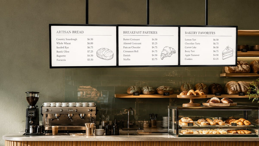 papan menu LED gantung untuk cafe counter