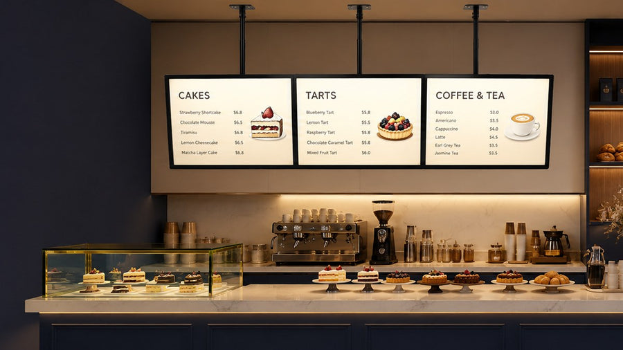 papan menu LED gantung untuk cafe counter