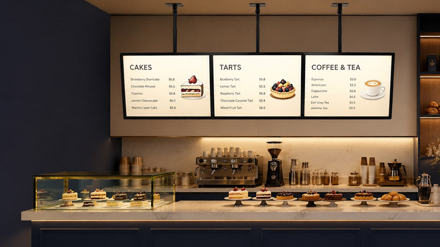 papan menu LED gantung untuk cafe counter