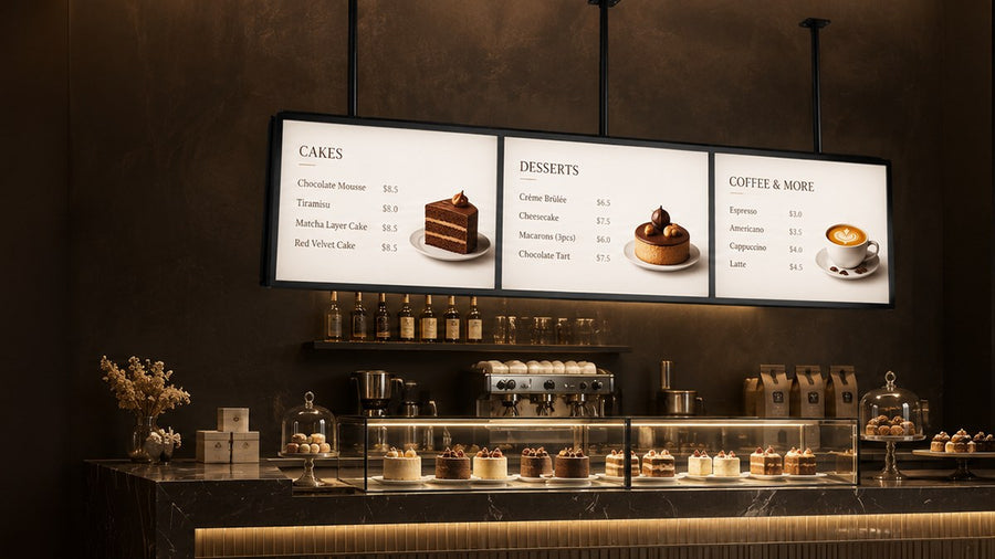 papan menu LED gantung untuk cafe counter