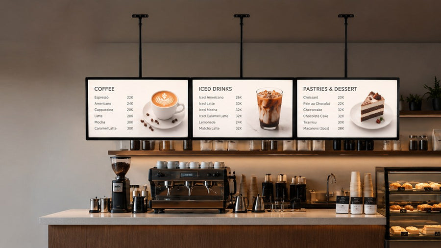 papan menu LED gantung untuk cafe counter