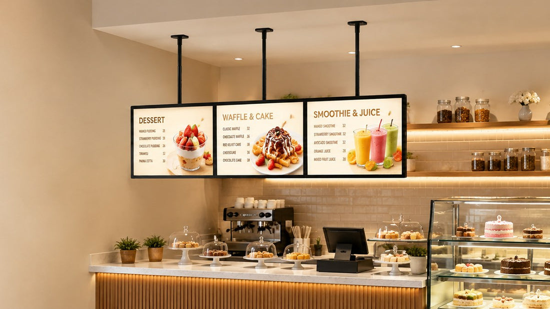 papan menu LED gantung untuk cafe counter