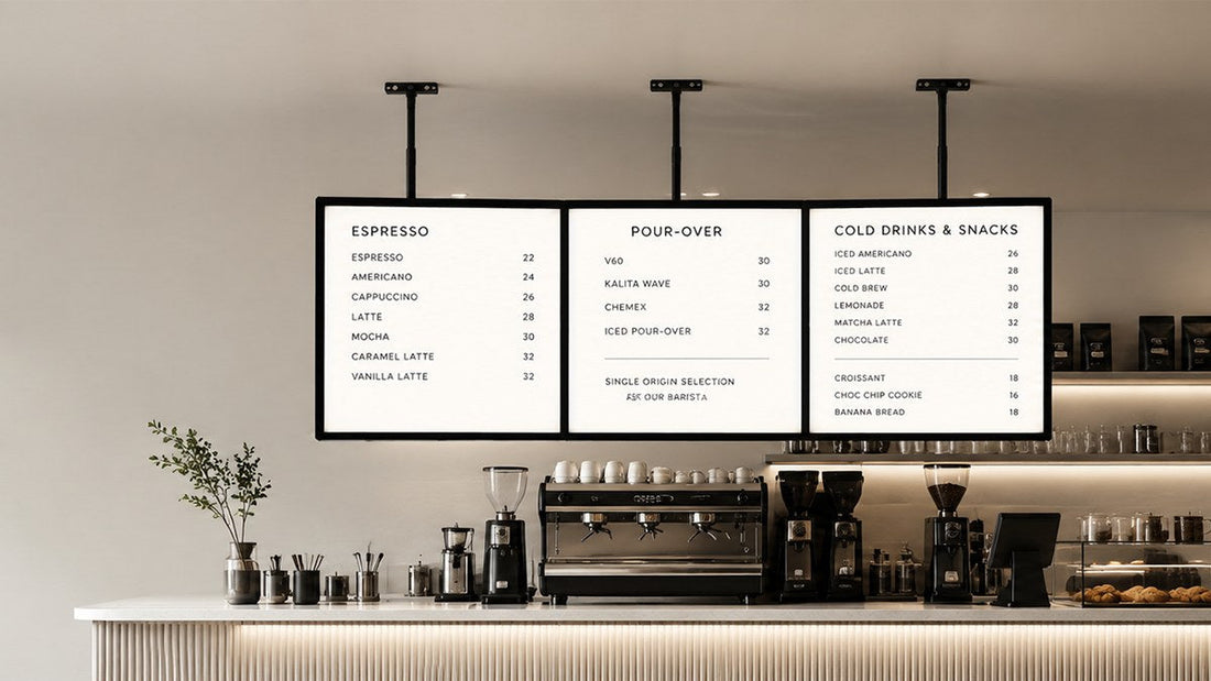 papan menu LED gantung untuk cafe counter
