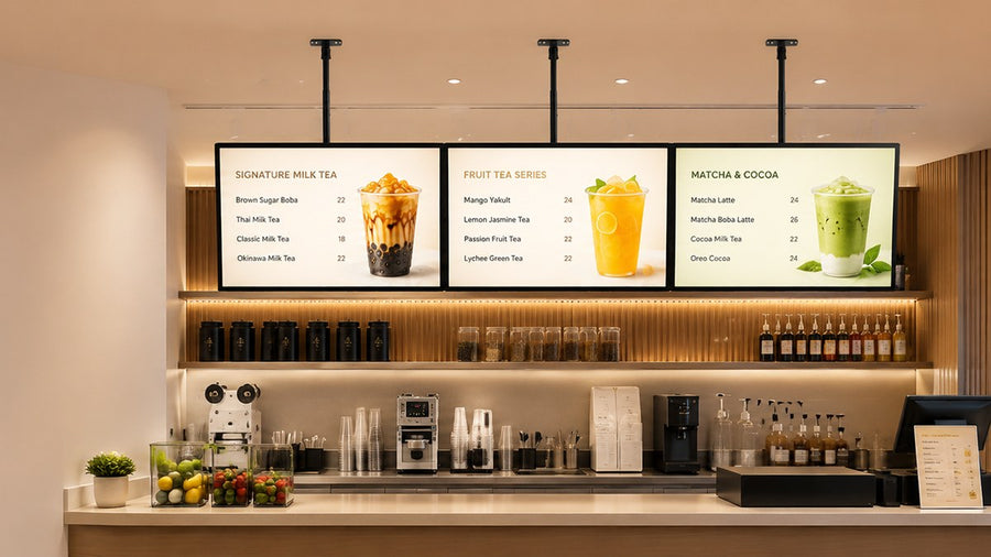 papan menu LED gantung untuk cafe counter