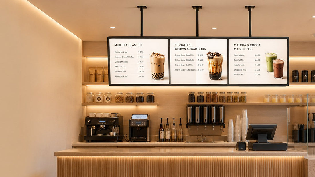 papan menu LED gantung untuk cafe counter
