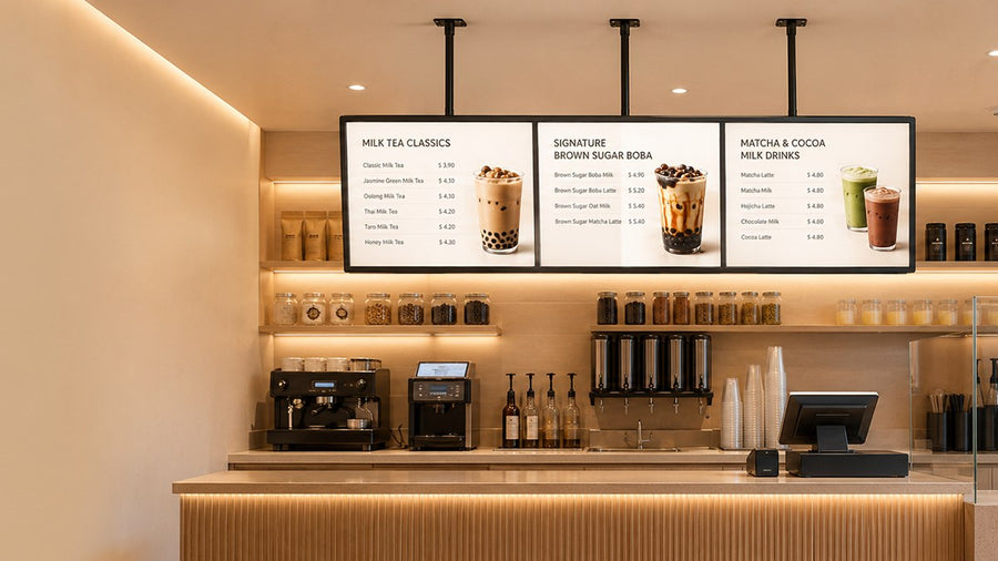 papan menu LED gantung untuk cafe counter