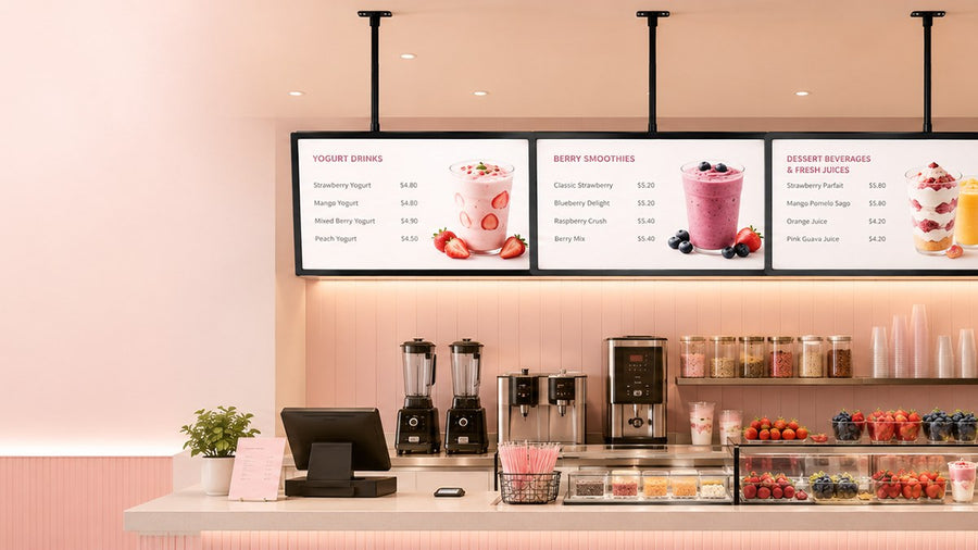 papan menu LED gantung untuk cafe counter