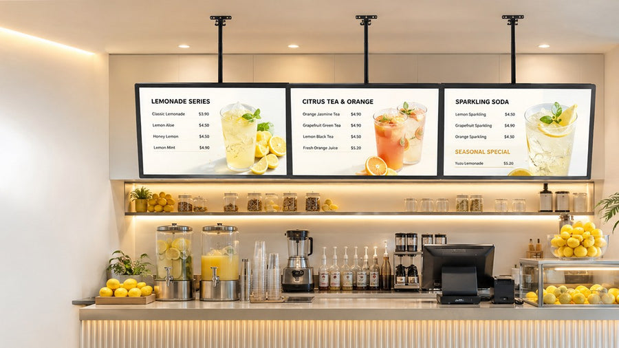 papan menu LED gantung untuk cafe counter