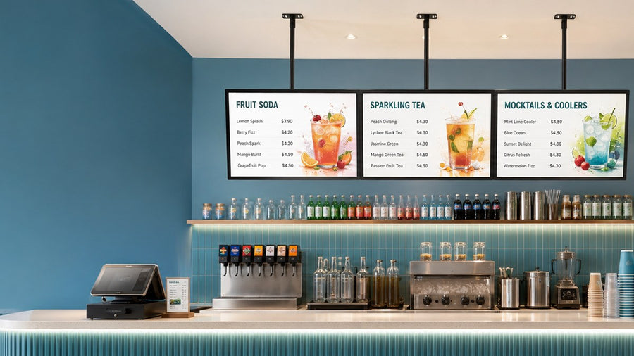 papan menu LED gantung untuk cafe counter