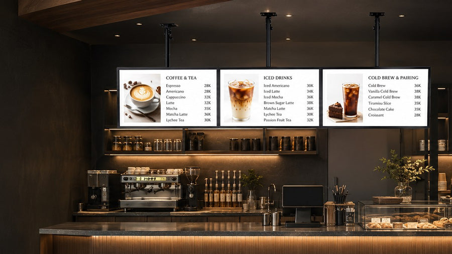 papan menu LED gantung untuk cafe counter