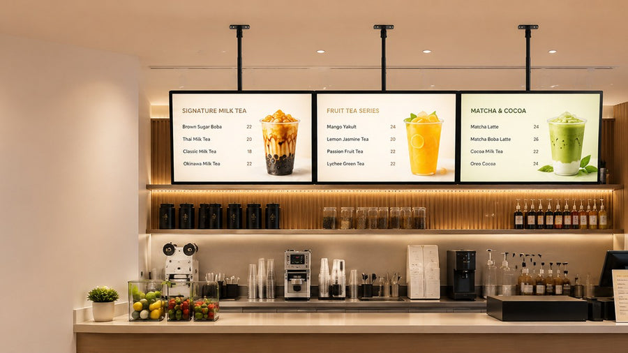 papan menu LED gantung untuk cafe counter