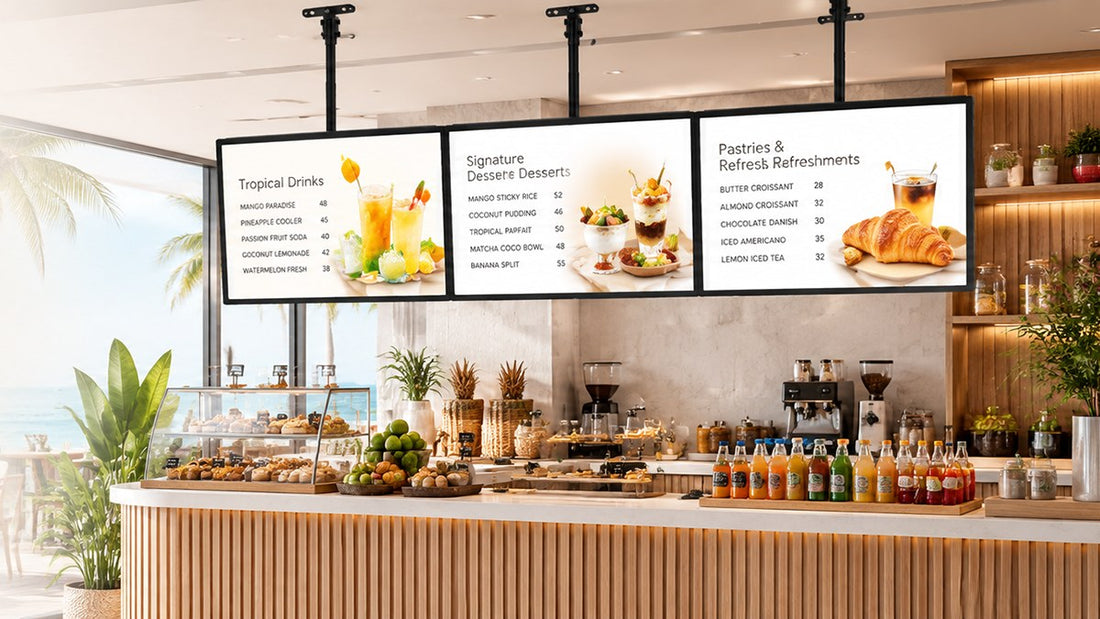 papan menu LED gantung untuk cafe counter