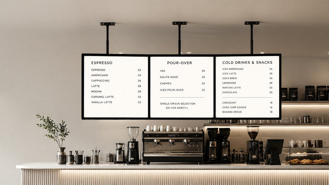 papan menu LED gantung untuk cafe counter