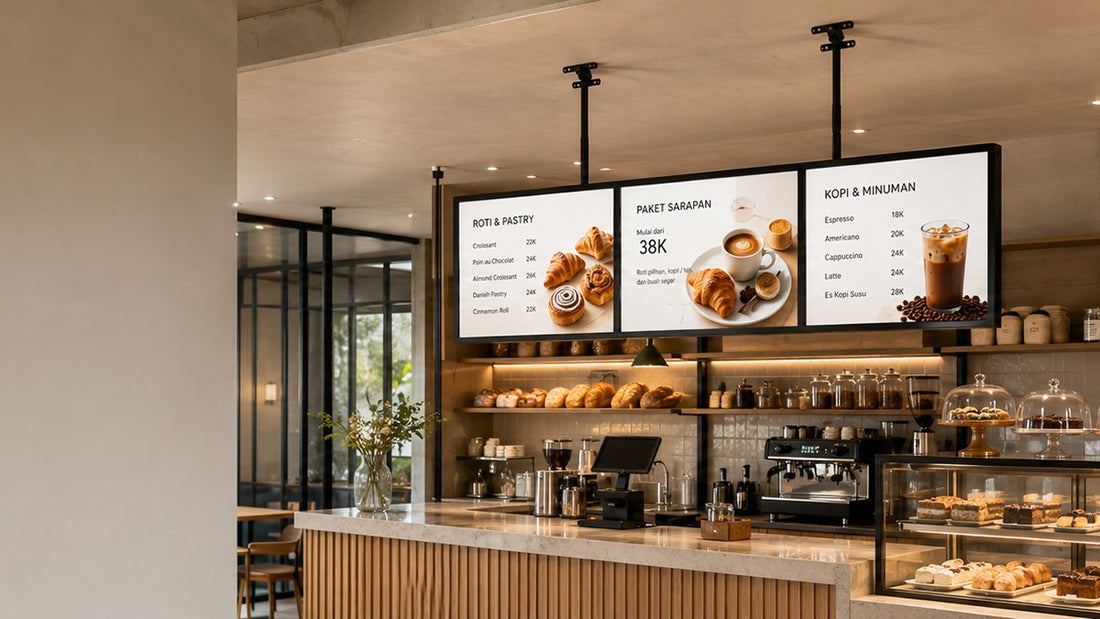 papan menu LED gantung untuk cafe counter