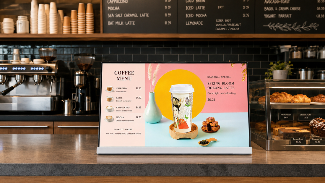 digital papan menu LED cafe desain modern untuk menu minuman di cabang toko, untuk kebutuhan toko minuman Indonesia - NEOX