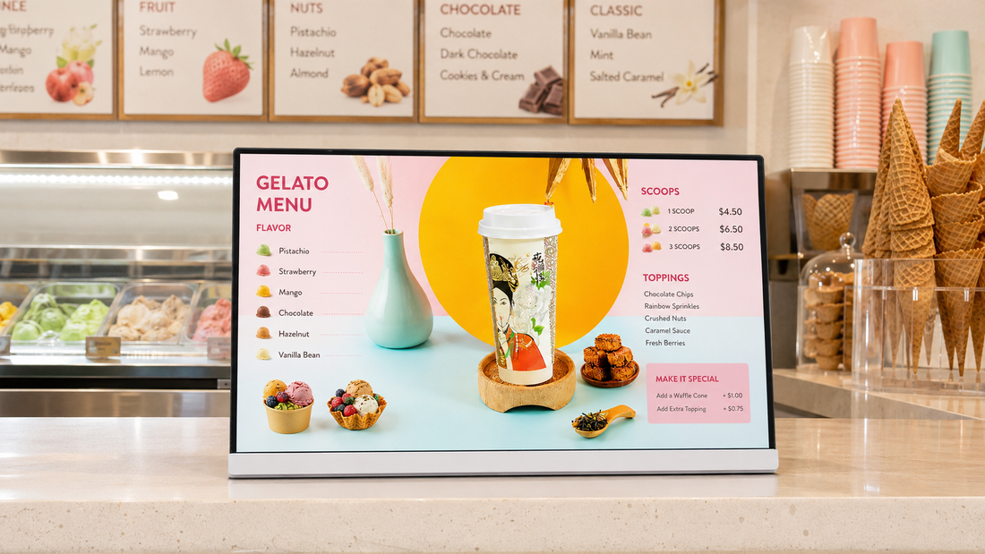 digital papan menu LED cafe model indoor untuk cabang toko di counter pesanan, untuk kebutuhan toko minuman Indonesia - NEOX