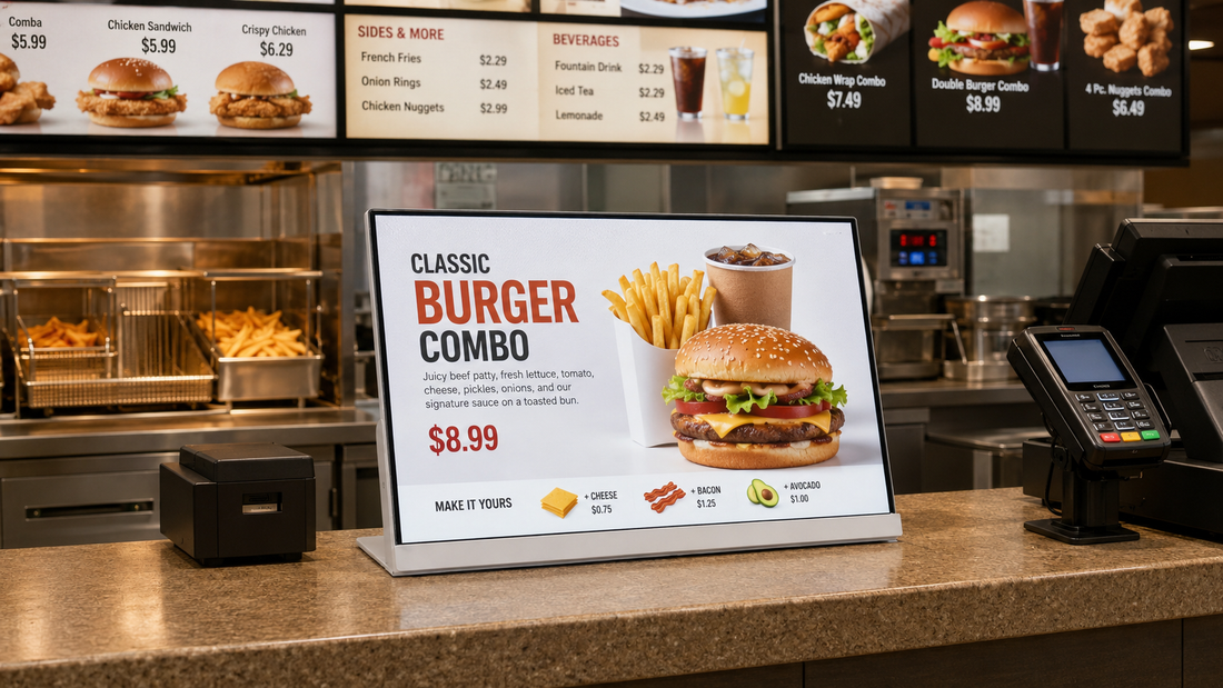 digital signage kasir custom untuk promo harian di counter pesanan, untuk kebutuhan toko minuman Indonesia - NEOX