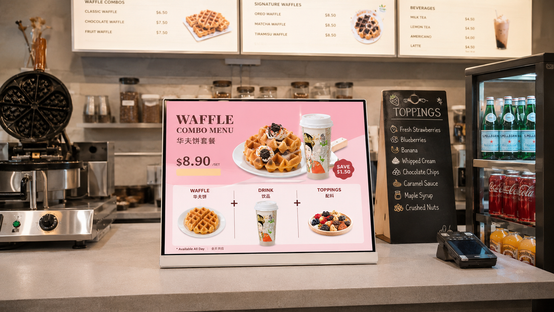 digital signage kasir model minimalis untuk cabang toko di promo harian, untuk kebutuhan cafe Indonesia - NEOX