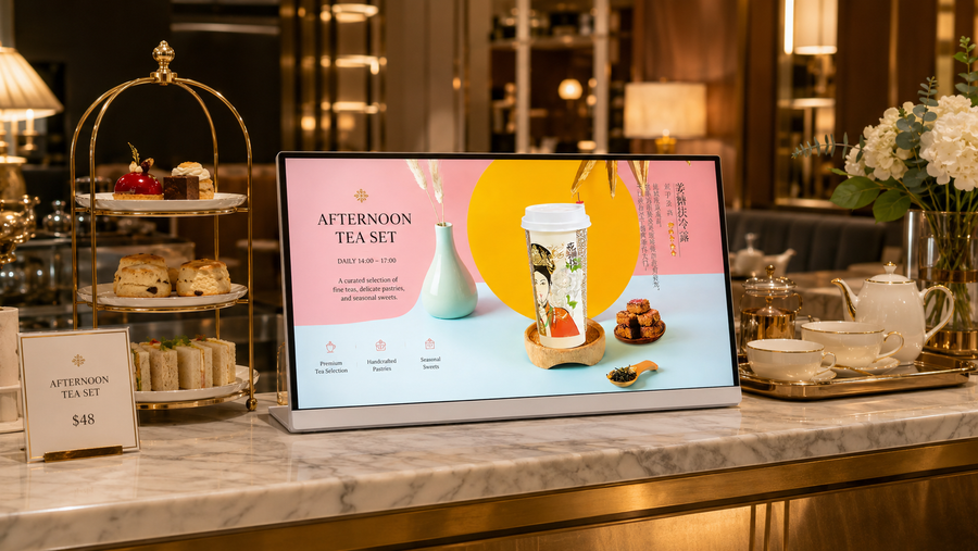 digital signage kasir model minimalis untuk menu restoran di counter pesanan, untuk kebutuhan toko minuman Indonesia - NEOX