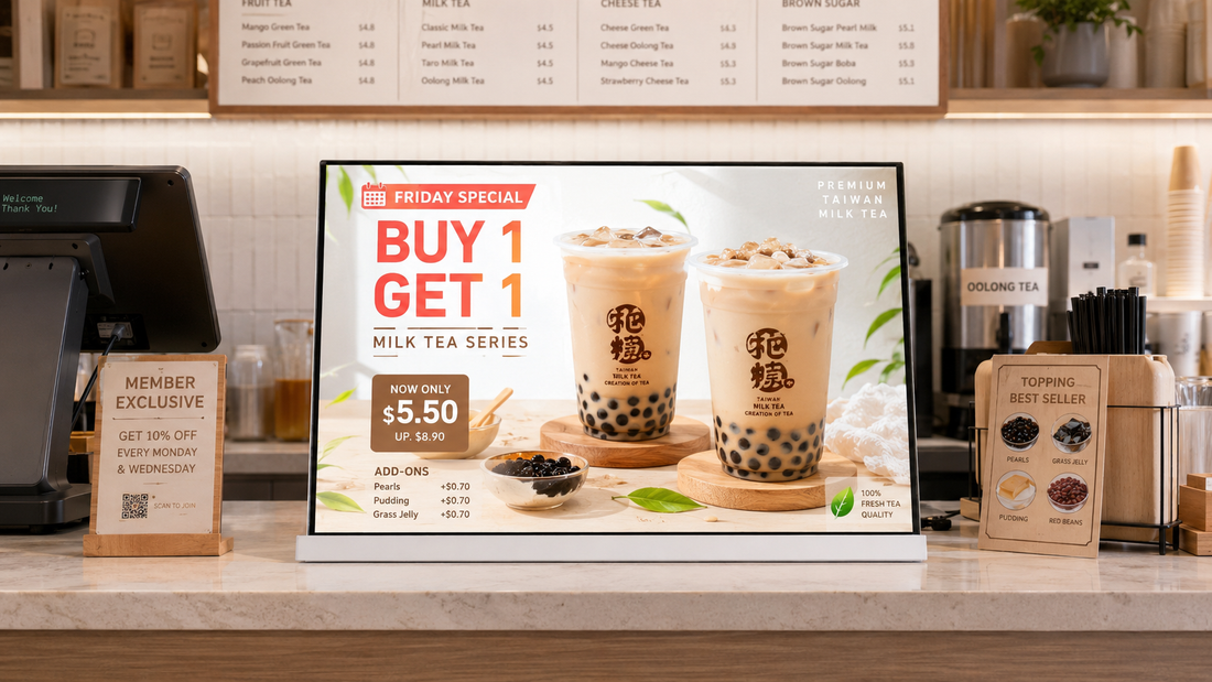 digital signage kasir ukuran custom untuk menu minuman di promo harian, untuk kebutuhan cafe Indonesia - NEOX