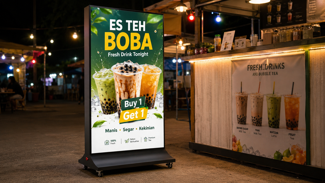 display fabric berdiri tampilan premium untuk mall di night market, untuk kebutuhan tenant mall Indonesia - NEOX
