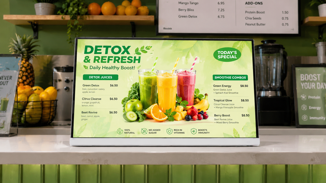 display menu digital 24 inch desain modern untuk cabang toko di promo harian, untuk kebutuhan cafe Indonesia - NEOX