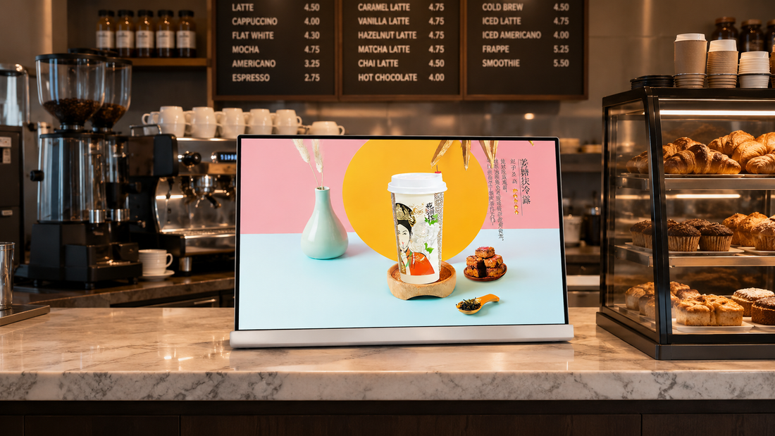 display menu digital 24 inch model indoor untuk promo harian di counter pesanan, untuk kebutuhan toko minuman Indonesia - NEOX