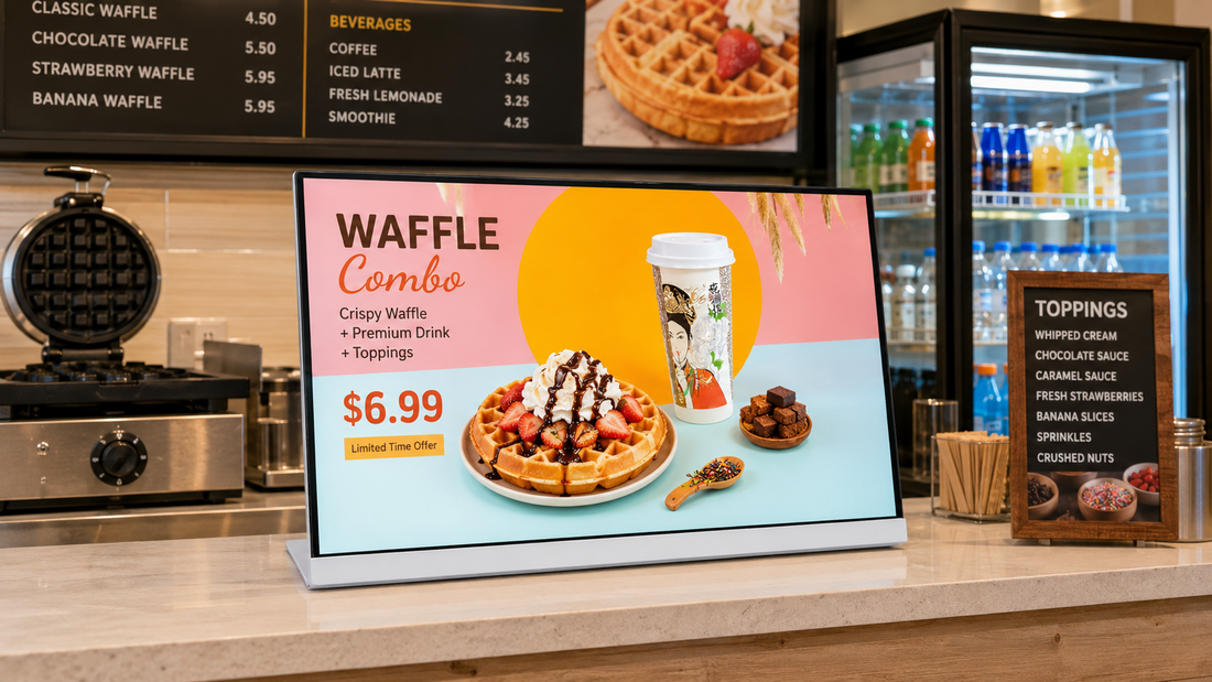 display menu digital 24 inch versi premium untuk cabang toko di counter pesanan, untuk kebutuhan toko minuman Indonesia - NEOX