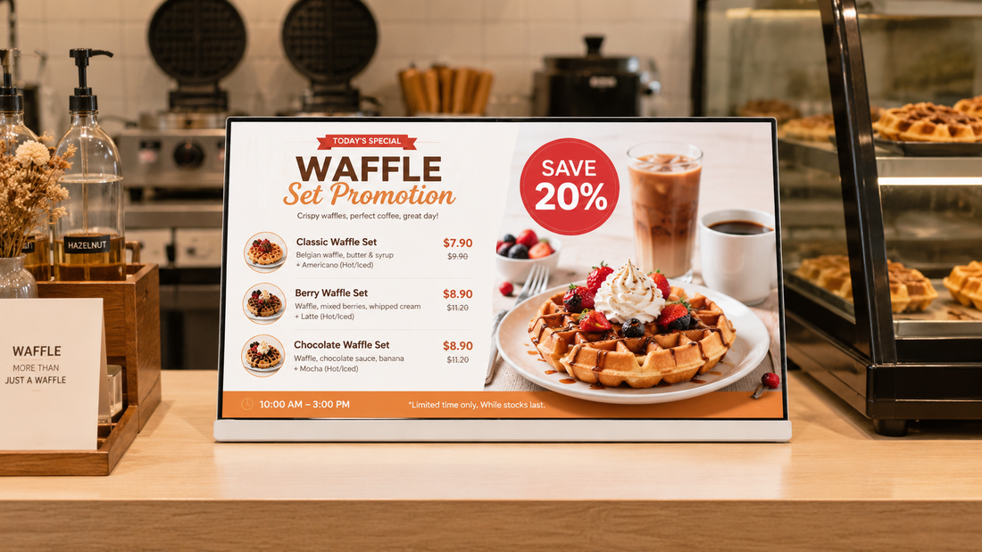 display menu digital 24 inch versi premium untuk menu minuman di promo harian, untuk kebutuhan cafe Indonesia - NEOX