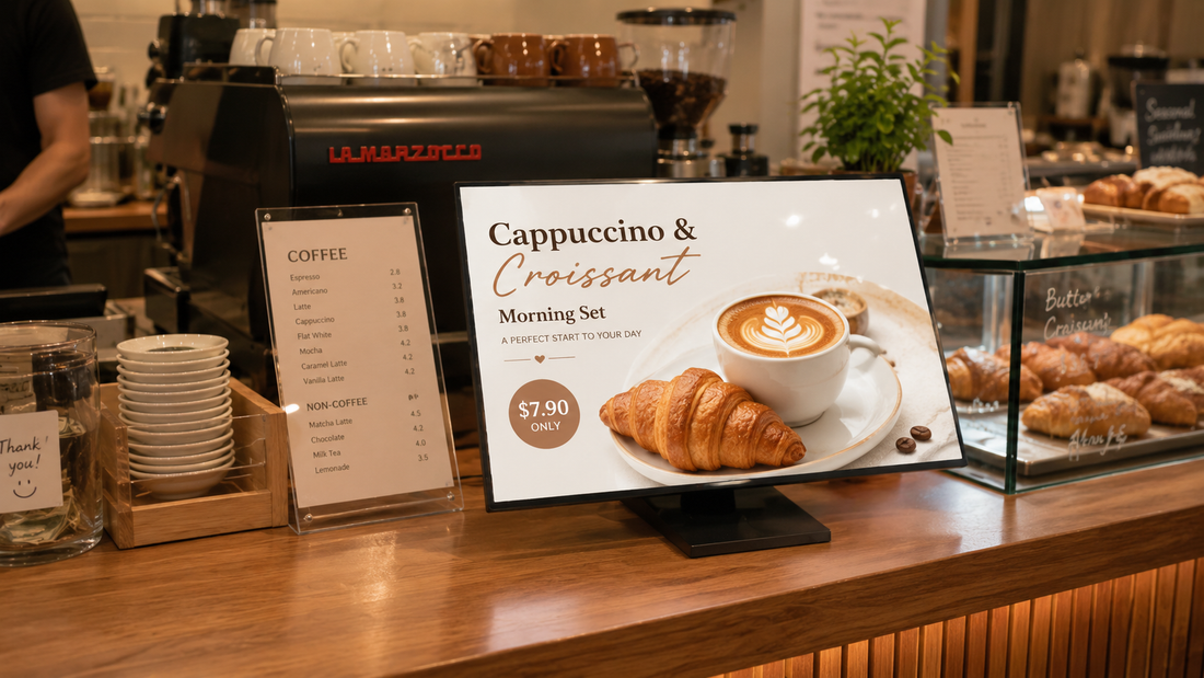 display menu meja model minimalis untuk menu restoran di meja kasir, untuk kebutuhan cafe Indonesia - NEOX