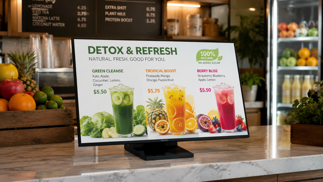 display menu meja tampilan premium untuk menu restoran di meja kasir, untuk kebutuhan counter minuman Indonesia - NEOX