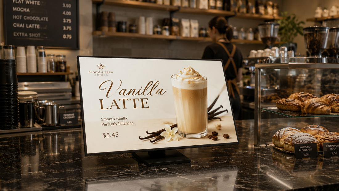 display menu meja ukuran custom untuk counter di meja kasir, untuk kebutuhan cafe Indonesia - NEOX