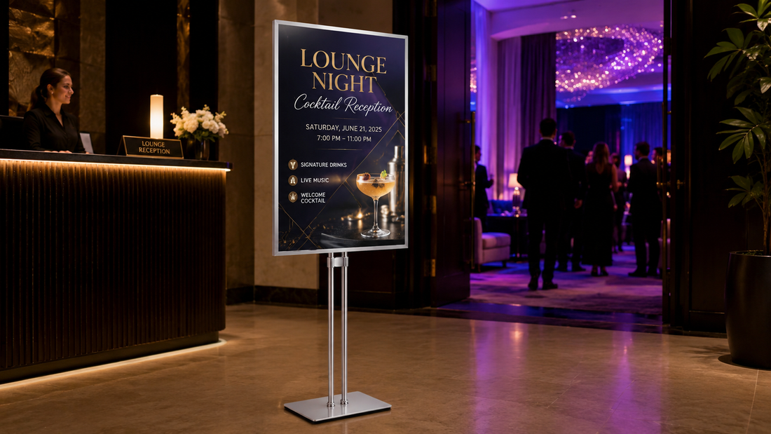 display poster berdiri custom untuk resepsi wedding di area registrasi event, untuk kebutuhan showroom Indonesia - NEOX