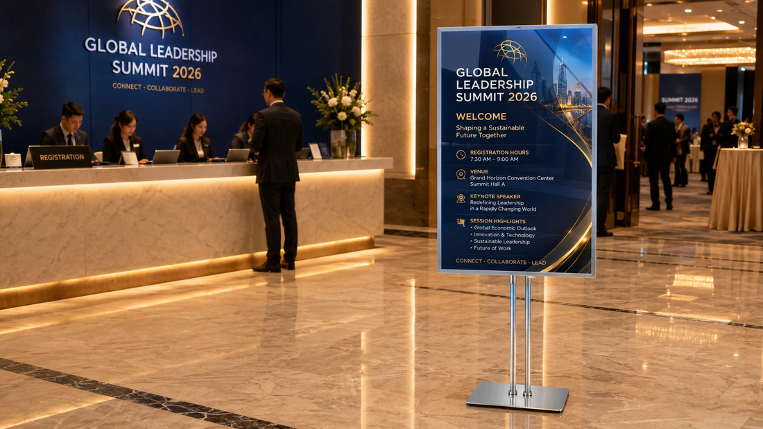 display poster berdiri ukuran custom untuk lobby hotel di area registrasi event, untuk kebutuhan ruang resepsionis Indonesia - NEOX