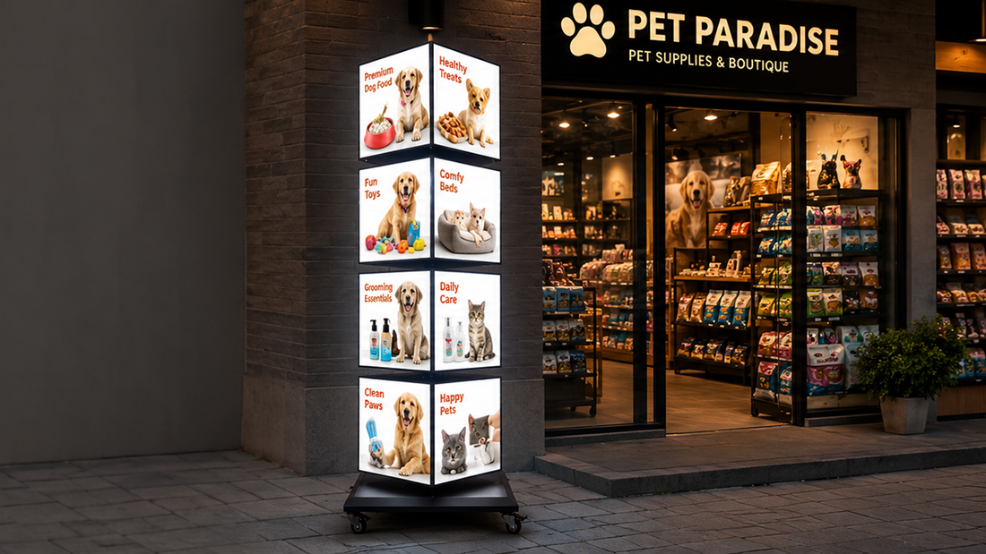display promosi dua arah custom untuk display poster berganti di area ramai, untuk kebutuhan toko retail Indonesia - NEOX